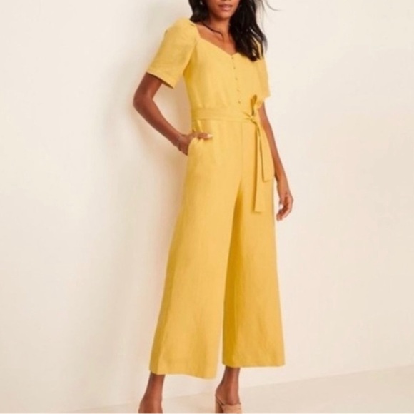 Ann Taylor Pants - Ann Taylor Yellow Tie Waist Jumpsuit Cropped Wide Leg Linen Blend Size 12 Petite